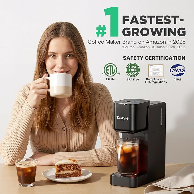 Single Serve Coffee Maker Hot and Iced with Bold Brew Small Coffee Machine for K Cup and Ground Fits 7.3'' Travel Mug Brews up to 16 Oz 5 Cup Sizes for Office RV&amp Hotel Elegant Black