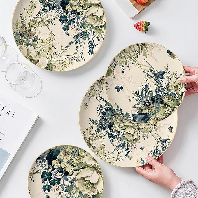 gold trim dinnerware set service for 6 24 pieces bone china dishes set premium ceramic plate sets present for housewarming anniversary Mother's Day