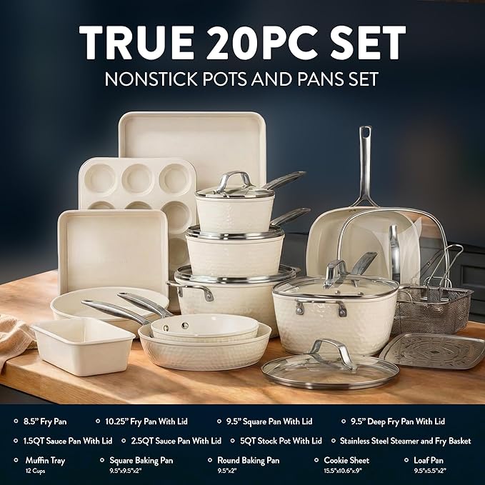 GOTHAM STEEL Hammered 20Pcs Ceramic Cookware Set Nonstick Induction Pots and Pans Set Non Stick with Deep Fry Pan Steamer and Bakeware Non Toxic PFOA PFOS Free Oven &amp Dishwasher Safe