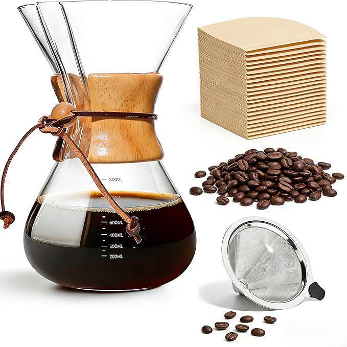 CXY 27oz Pour Over Coffee Maker 8-Cup Borosilicate Glass Drip Coffee Maker with Reusable Stainless Steel Filter Pour Over Coffee Dripper with Wooden Handle Coffee Maker for Home Office Camping
