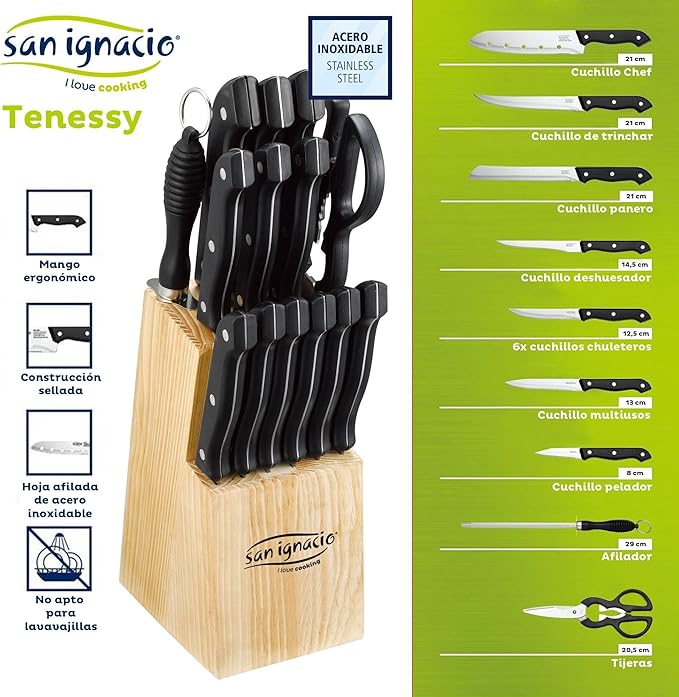 San Ignacio Set of 3 Frying Pans Ø16Ø20Ø24cm + 15Pc Stainless Steel Knife Set with Tacoma