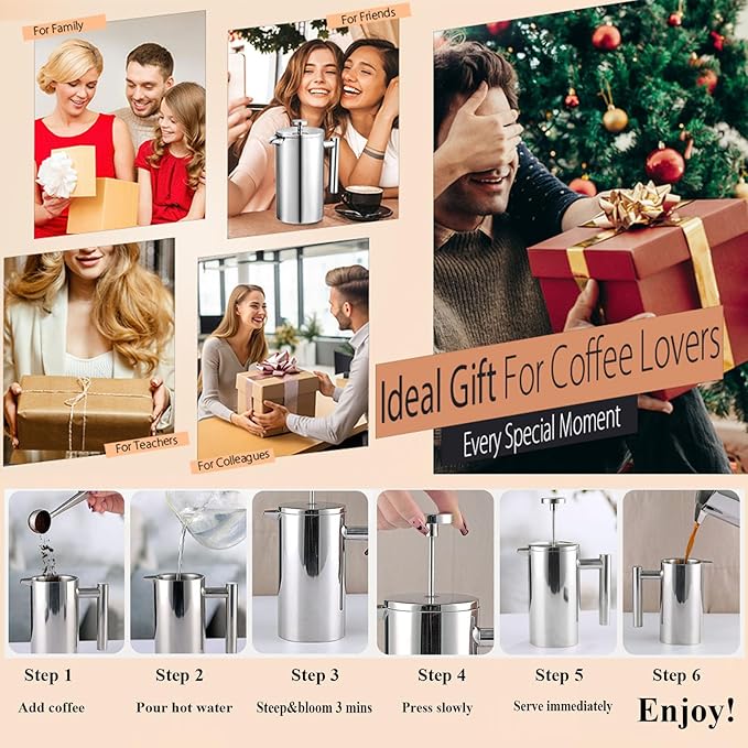 Stainless Steel French Press Coffee Maker - Portable Cafetiere 3 Cup Espresso Coffee Press - Double Wall Insulated Triple Mesh Filter - Perfect for Home Office Camping &amp Travel (20 Oz)