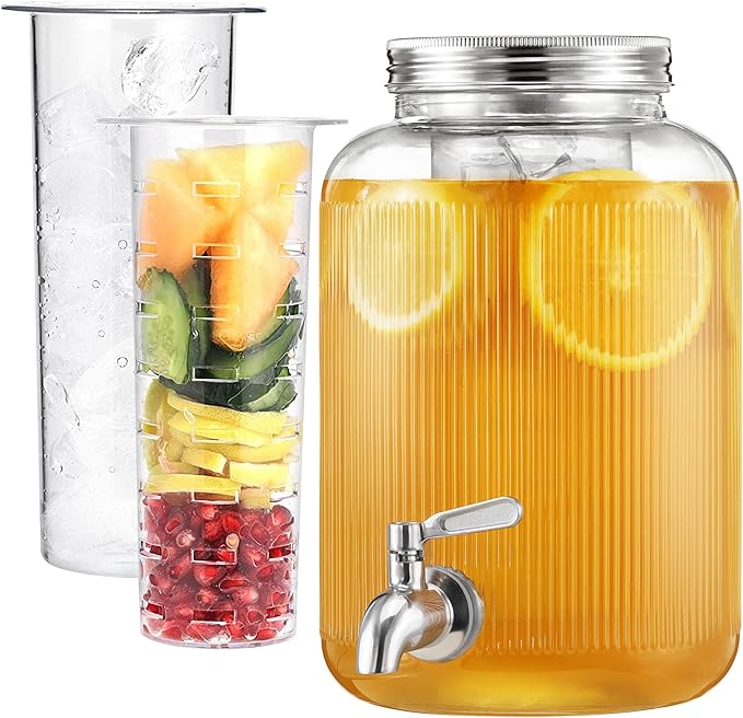 Navaris Glass Drink Dispenser with Tap - 4L (1 gal) Ripple Design Beverage Dispenser with Ice Insert &amp Fruit Infuser - for Cold Brew Coffee Cocktails Juice Water &amp other Drinks
