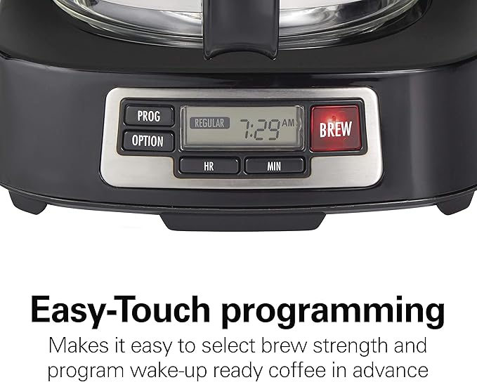 Hamilton Beach 5 Cup Drip Coffee Maker with Easy FrontFill Basket Compact Design Programmable Clock Glass Carafe Auto Pause and Pour Black &amp Stainless Steel (46111)