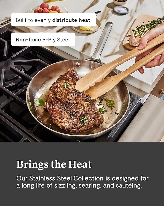 Caraway Stainless Steel Cookware Set – 12 Piece 5-Ply Stainless Steel Pots and Pans Set - Includes Fry Sauce Sauté Pan Dutch Oven and Space-Saving Storage - Non Toxic PTFE &amp PFOA Free
