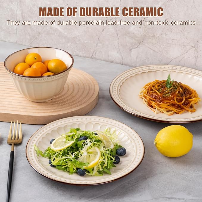 Dinnerware Set Cream White 12 Pieces Service for 4 Stoneware Plates and Bowls Set Stoneware Set Dishwasher Microwave Safe Dishes set