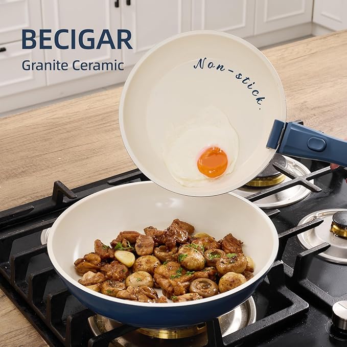 8PCS Ceramic CookwareNonstick Pan Removable Handle Ceramic Pots and Pans Set Stackable Set Nonstick Pan Pots and Pans Set Non Stick pot(Blue)