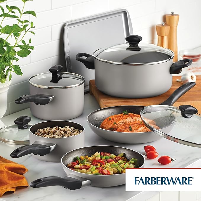 Farberware 21805 Dishwasher Safe Nonstick Cookware Pots and Pans Set 15 Piece Champagne