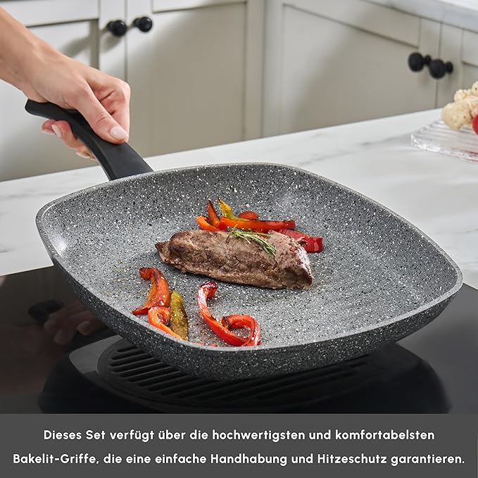 KARACA Gris Biogranite 2-Piece Induction Cookware Set 26cm Frying Pan 28cm Non-Stick Grill PFOA Free Anti-Scratch Biogranite &amp Dishwasher Safe Pan Grey