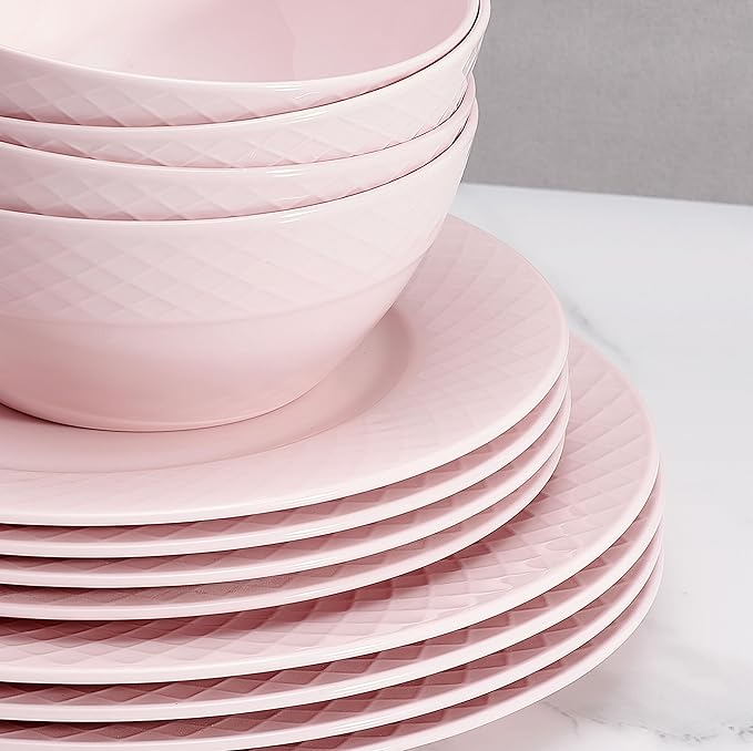 Miksa Trellis Pink Bone China Chip Resistant Lightweight 12 Piece Dinnerware Set Service for 4