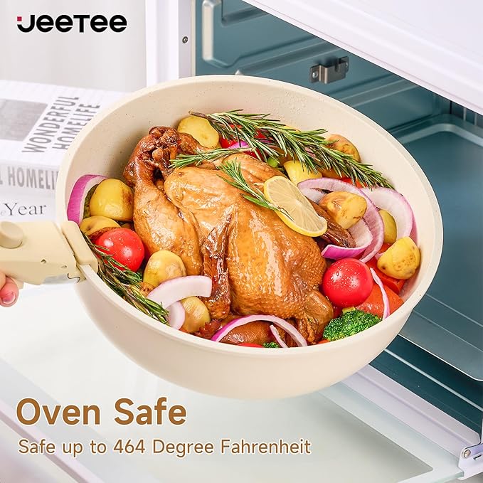 JEETEE 25pcs Pots and Pan Set Non StickDetachable Handle Cookware SetInduction Cooking &amp RV Camping Stackable Pots PansHealthy Kitchen Cookware Set PFAS/PFOA Free Beige