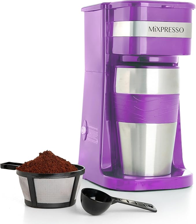 Mixpresso Purple Personal Single Serve Coffee Maker with 14oz Travel Mug Drip Small Coffee Maker with Auto Shut Off Reusable Filter Works with Ground Coffee Only – Not for K-Cup Pods