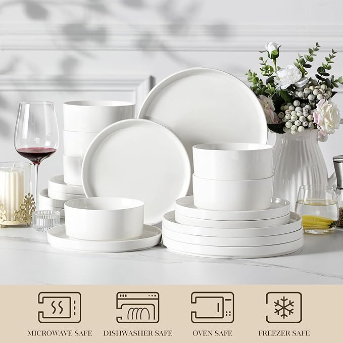 MALACASA 18 Pieces Porcelain Dinnerware Set Modern White Dish Set for 6 Premium Serving Plates and Bowls Sets Chip and Scratch Resistant Dishware Sets Kitchen Dishes Dining Ware Set Series LEAH