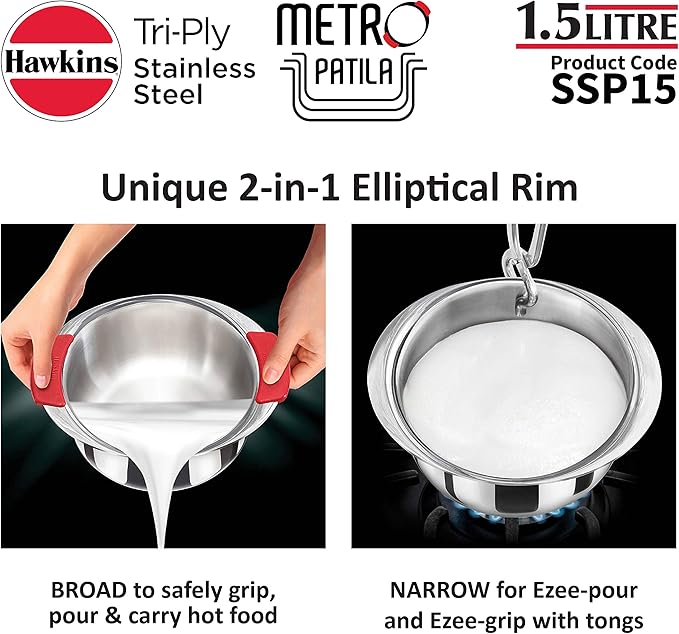 Hawkins 1.5 Litre Metro Patila Triply Stainless Steel Tope Induction Bhagona Tapeli Silver (SSP15)