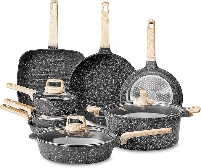 VEVOR 19 Piece Pots and Pans Set Granite Nonstick Cookware Set Induction Cookwares Kitchen RV Cooking Sets with Frying Sauce Saute Tempered Glass Lids and Pan Protectors Black