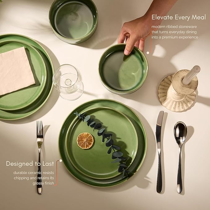Ceramic Dinnerware Set by Vase and Vessel 12-Piece Service for 4 9.8” Dinner Plates 8” Salad Plates 20 oz Bowls Ombre Reactive Glaze Durable Stoneware Microwave &amp Dishwasher (Moss Green)