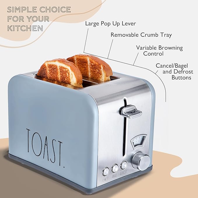 Rae Dunn Toaster Stainless Steel 2 Slice Square Toaster Wide Slot with 5 Browning Levels with Bagel Defrost and Cancel Options (Baby Blue)