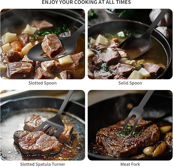 304 Stainless Steel Cooking Utensils Set 8PCS Kitchen Utensils Set Include Skimmer Soup Ladle Spaghetti Server Wok Spatula Slotted Spoon Solid Spoon Slotted Spatula Turner &amp Meat Fork Bla