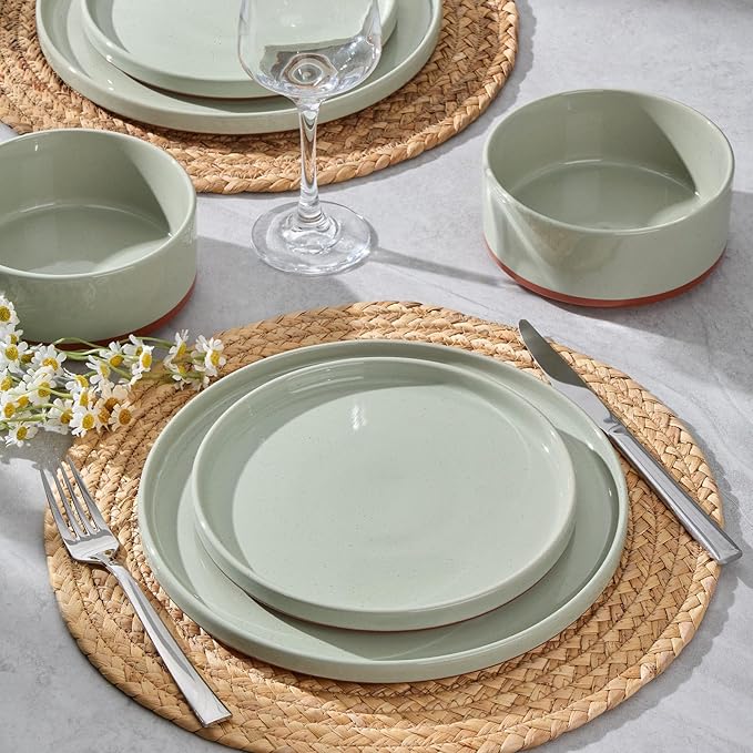 LIANYU 12 Piece Dinnerware Sets for 4 Modern Style Stoneware Dinnerware Set Scratch Resistant Dishwasher Safe Bowl and Plate Sets Ceramic Dish Dinner Set Laurel Green