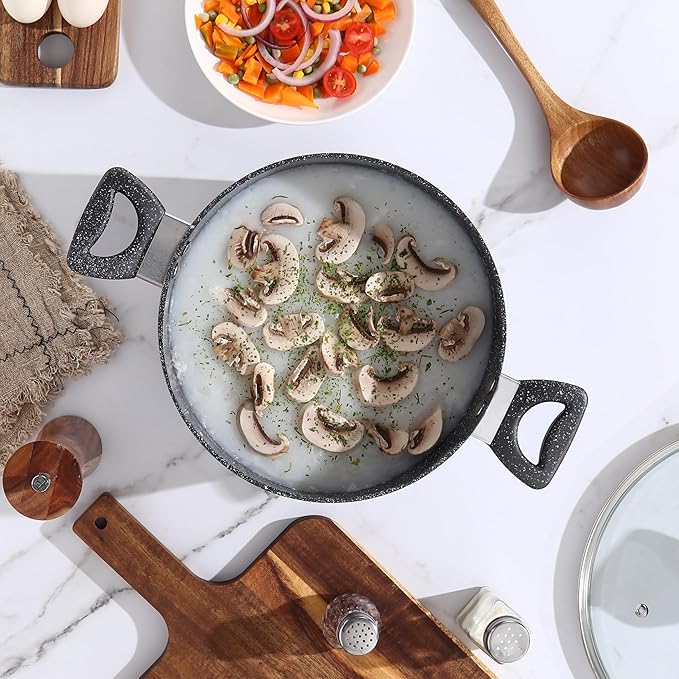 Lorren Home Trends 13-Piece Marble Coated Cookware Set Beige Non-Stick Pots and Pans with Glass Lids Includes 8-12 Inch Frypans Stock Pots Sauce Pot Casserole Pots