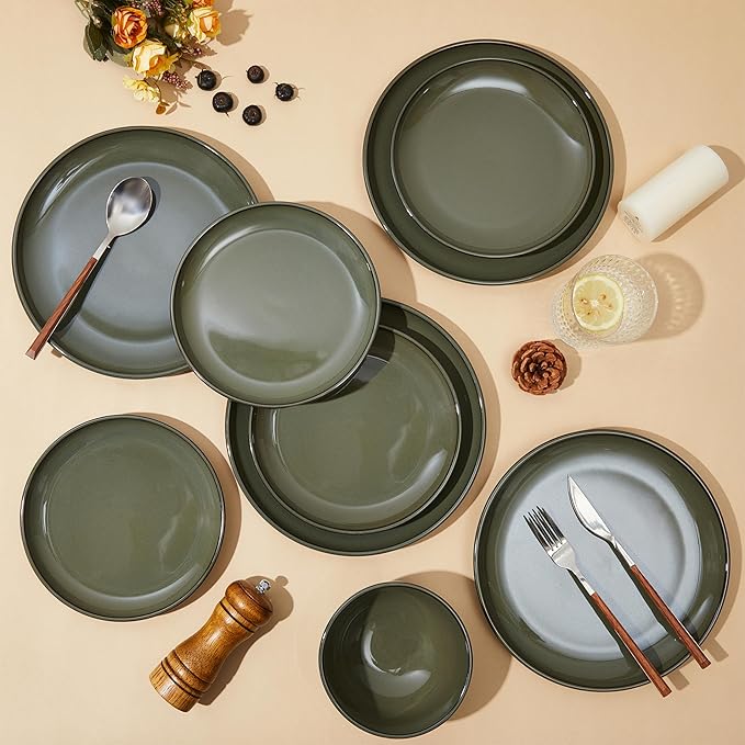 Santorini Mist Terracotta Reactive Glaze Plates and Bowls Sets Stoneware Dinnerware Sets Microwave and Dishwasher Safe Ceramic Dish Set Service for 4 Blackish Green