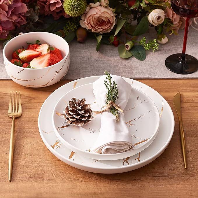 White Gold Splash Dinnerware Sets 12 Pieces Fine China Marble Plates and Bowls Sets Modern Porcelain Dish Set for 4 Luxury Dinner Set for Formal Dinners and Weddings