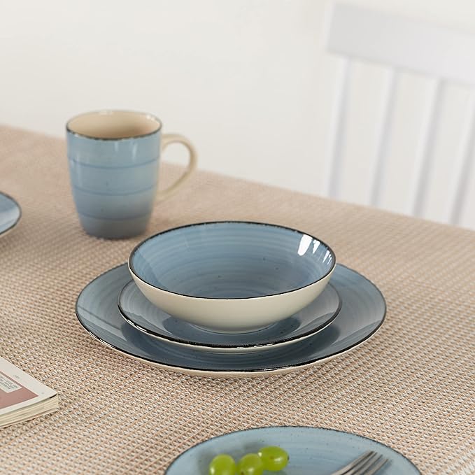 64-Pc Dinnerware Set for 16 Swirl Glazed Finish Includes Mugs Bowls Salad and Dinner Plates Chip Resistant Microwave Dishwasher and Oven Safe Blue
