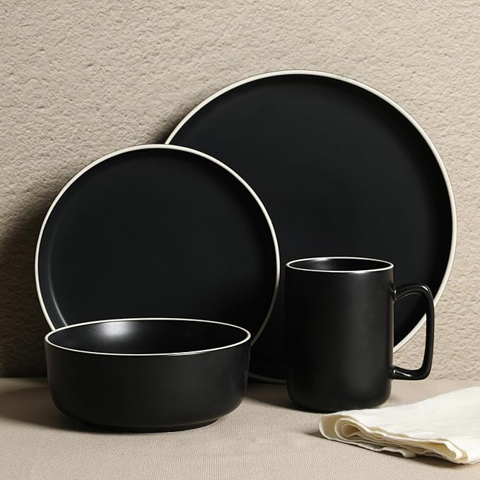 Gibson Home Zuma Nuevo 32 Piece Plates Bowls and Mug (Service for 8) Dinnerware Set - Black