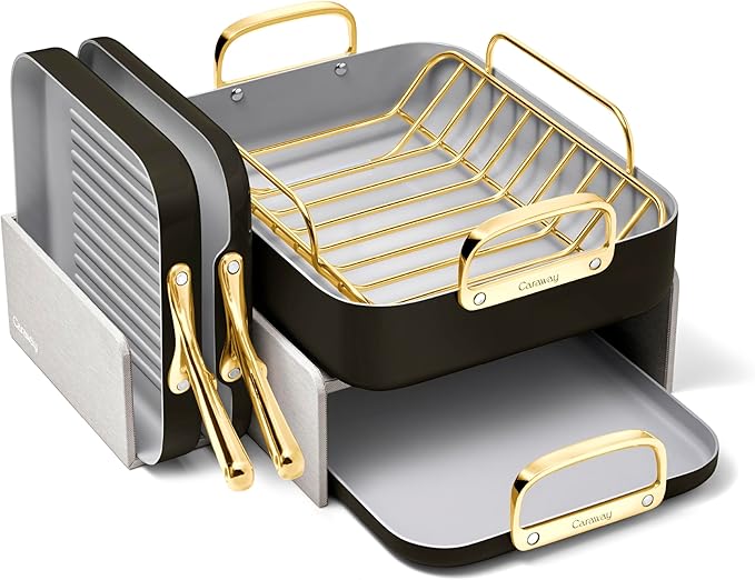 Caraway Square Cookware Set - Square Pans Set - Perfect for Griddling Toasting Searing Roasting and More - Non-Stick Ceramic Coated Pans - Non Toxic PTFE &amp PFOA Free - Black