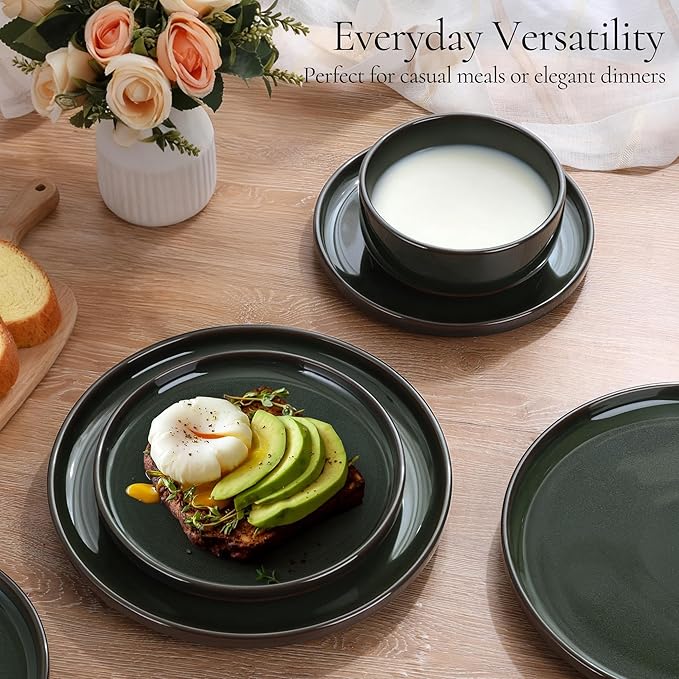 E-far Stoneware Dinnerware Sets for 4 12 Pieces Reactive Glaze Plates and Bowls Sets Elegant Dishes with Rustic Terracotta Base Dishwasher &amp Microwave Safe Scratch Resistant Blackish Green