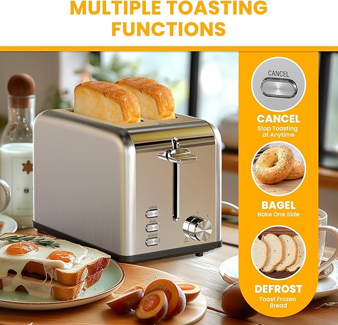 Simple Deluxe 2-Slice Stainless Steel Toaster Extra Wide Slot &amp Removable Crumb Tray 6 Browning Setting and 3 Function Toaster for Bread &amp Waffle Silver