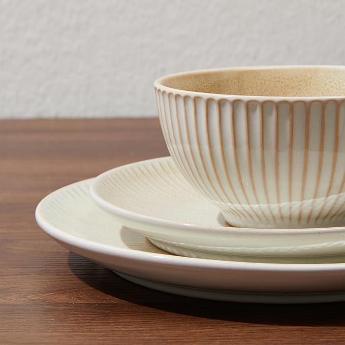 Ceramic Dinnerware Sets for 4 12 Pieces Embossed Stoneware Plates and Bowls Sets Scratch Resistant Dish Sets Distinctive Granulated Surface Housewarming Wedding Gift Brown