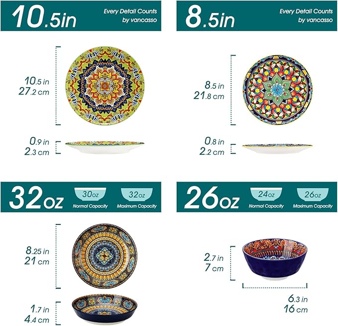 vancasso 16 Pieces Plates and Bowls Set Bohemian Style Dinnerware Sets Service for 4 Porcelain Boho Dishes Set for Kitchen Housewaring Gift Dishwasher and Microwave Safe Series KRVI