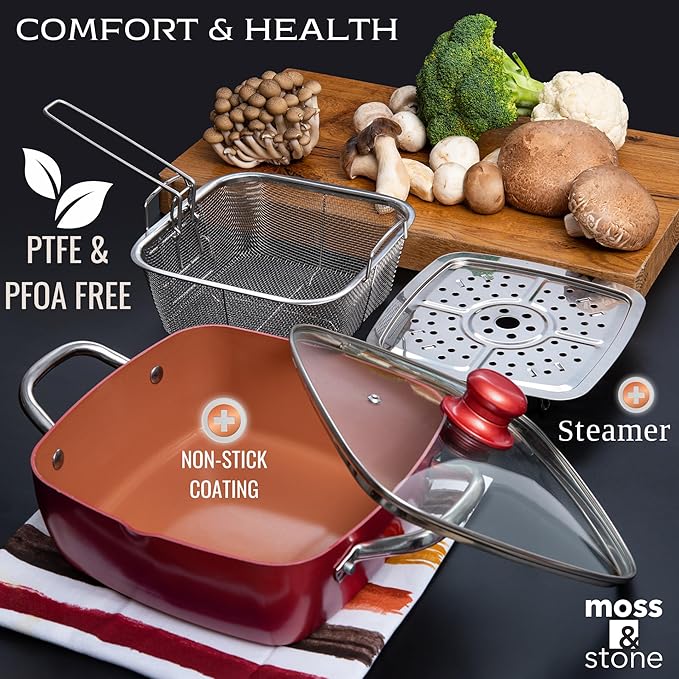 Moss &amp Stone 5 Pcs Red Copper Chef Cookware Non Stick Deep Frying Pan Fry Basket Steamer Rack Dishwasher &amp Oven Safe 5 Qt Deep Square Pan Induction Copper Cookware Set - 9.5 x 3.5