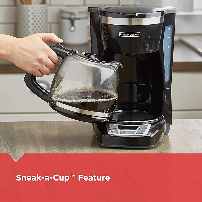 BLACK+DECKER 12-Cup Digital Coffee Maker Programmable Washable Basket Filter Sneak-A-Cup Auto Brew Water Window Keep Hot Plate Black