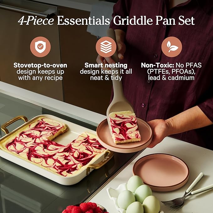 Our Place Essentials 4-Piece Griddle Pan Set | Nonstick Griddle Standard &amp Mini with Reusable Silicone Oven Mats | Thermakind™ PFAS-Free Nonstick Oven Safe Stovetop to Oven Versatility | Terraco