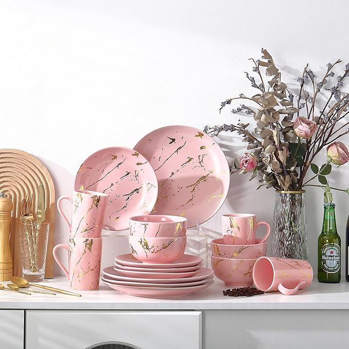 Porcelain Dinnerware SetPlates and Bowls Sets with MugsGold Plate Dish SetPink Dinnerware Set for 4Dinner Sets with Dinner Plates.