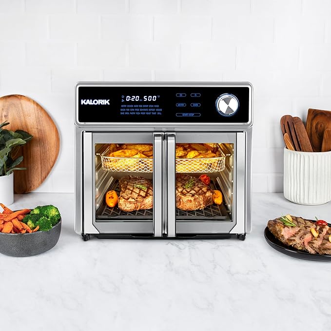 Kalorik Air Fryer Oven Grill MAXX Series 26-Quart with Smokeless Sear Technology Digital Controls Easy-View Door and 22 Smart Cooking Presets Includes Cooking Accessories 1700-Watts Stainless Steel