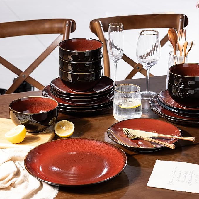 LERATIO Ceramic Dinnerware Sets for 6Stoneware Coupe Plates and Bowls SetsHighly Chip and Crack Resistant | Dishwasher &amp Microwave &amp Oven Safe Dishes setReactive Glaze Dinnerware- Service f