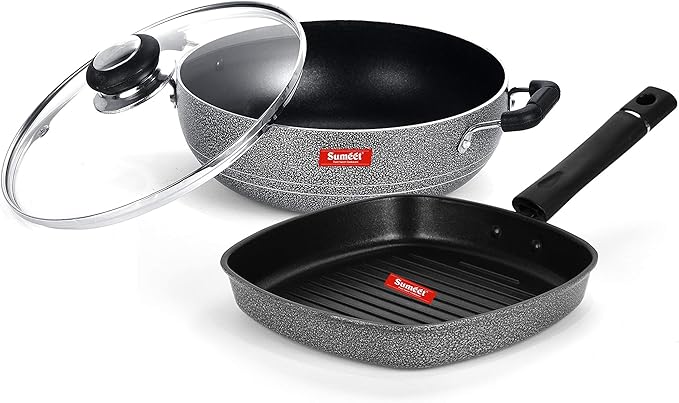 SUMEET Aluminium NonStick Argento Cookware Set (Silver Kadhai with Glass Lid -2Ltr - 22 Cm Grill Pan-22cm Dia)