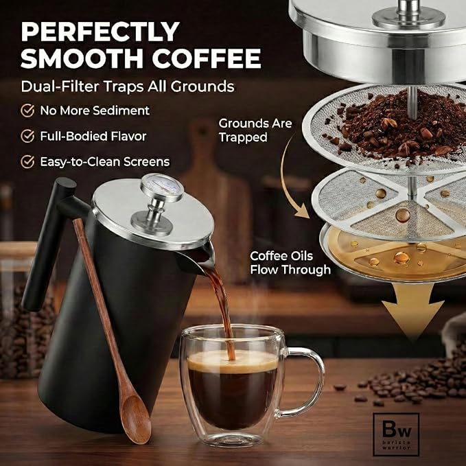 Barista Warrior French Press Coffee Maker Stainless Steel with Built-In Thermometer - Insulated Double Wall Design Dual Filter System Stay-Cool Handle &amp Wood Spoon - Black