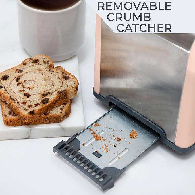 Rae Dunn Toaster Stainless Steel 2 Slice Square Toaster Wide Slot with 5 Browning Levels with Bagel Defrost and Cancel Options (Blush)
