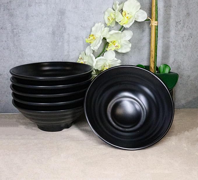 Ebros Gift Contemporary Ridged Matte Black Melamine Series Dinnerware Serveware Kitchenware Set Japanese Chinese Restaurant Supply (Pack Of 6 Large Round Ramen Soup Pasta Salad Bowls 48oz)