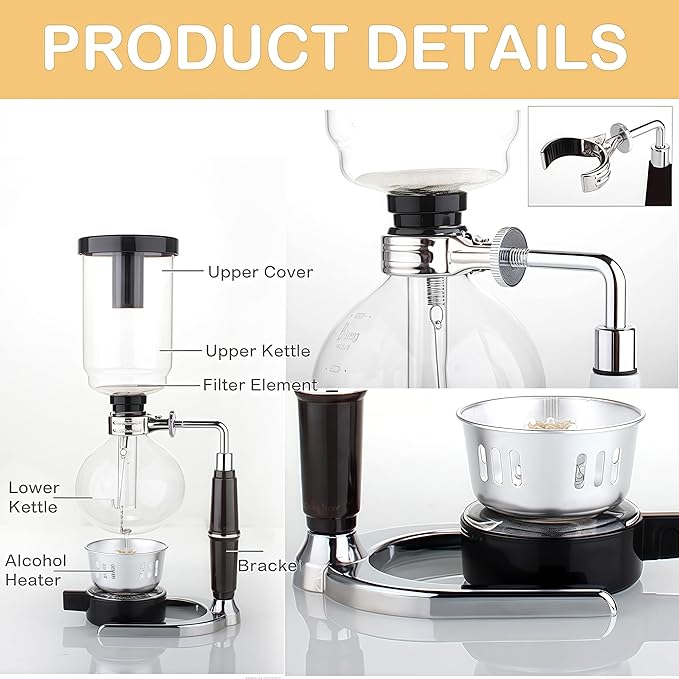 Borasilicate Glass Syphon Coffee Maker 5-Cup 600ml(20.3 oz)Vaccum Gravity Clear Coffee Tabletop Siphon Pot with Reusable Cloth Filter Coffee Brewer Hot Tea Maker Machine(Standard Edition)