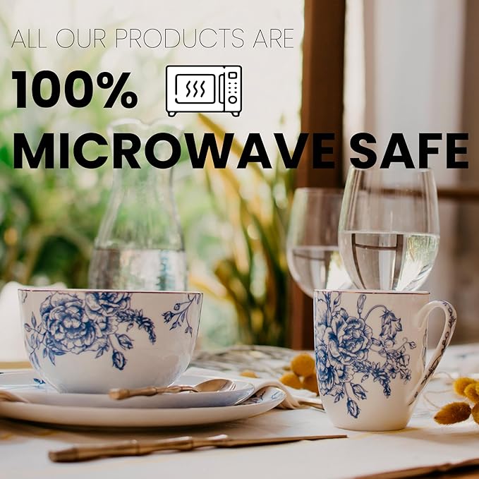 Blue Rose Plates and Bowls Sets Dishes Set for 4 Ceramic Plates and Bowls Set Service for 4 Bone China Dinnerware Set Salad Dessert Plates and Cereal Bowls Set Microwave safe by KOKEN