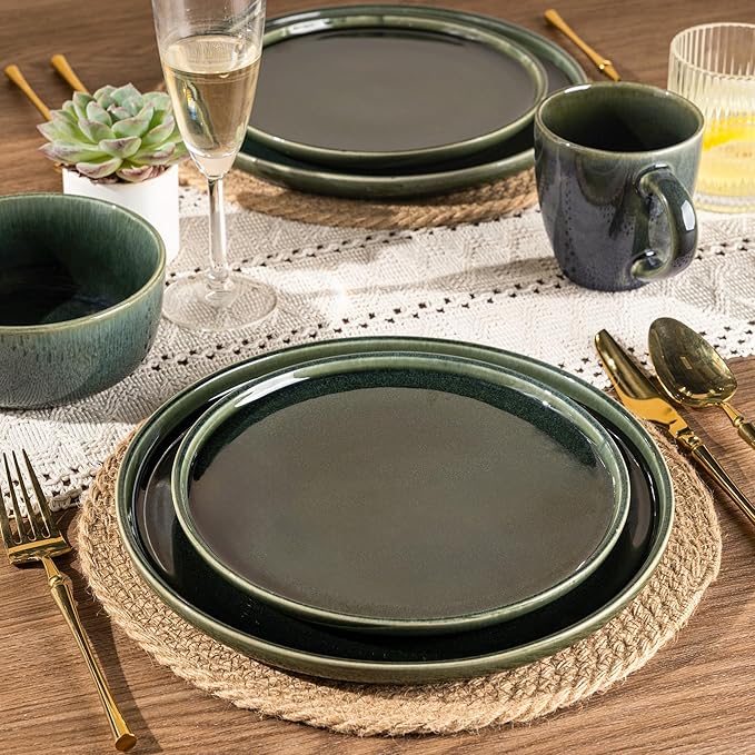 GBHOME Ceramic Dinnerware Sets for 8 24 Pieces Stoneware Plates and Bowls Sets Reactive Glaze Dishes -Scratch Resistant Dishwasher&ampMicrowave Safe Earth Green