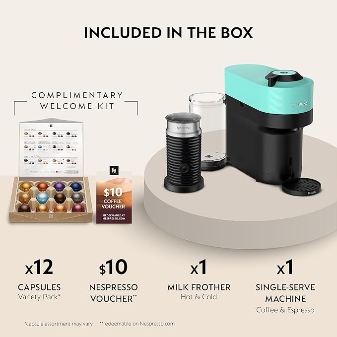 Nespresso Vertuo Pop+ Coffee and Espresso Maker by Breville with Milk Frother Aqua Mint