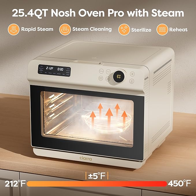 CIARRA 12-in-1 Countertop Steam Oven with Air Fryer 25.4QT Steam Air Fryer Combo Nosh Oven Pro - Convection Toaster Bake Self-Clean Dehydrate Ferment White