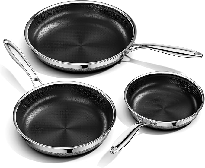 Innerwell Nonstick Frying Pan Set8 Inch&amp9.5 Inch&amp11 Inch Tri-Ply Hybrid Stainless Steel Ceramic Frying Pans Kitchen Cooking Pan Skillet 3 Piece PFAS/PFOA/PTFE FreeDishwasher &amp Oven Safe