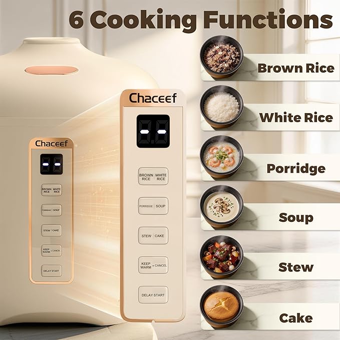 CHACEEF Mini Rice Cooker 2 Cups Uncooked 1.2L Rice Cooker Small Portable Non-Stick Small Travel Rice Maker BPA Free Smart Control Multifunction Cooker with 24 Hours Timer Delay &amp Keep Warm Fun